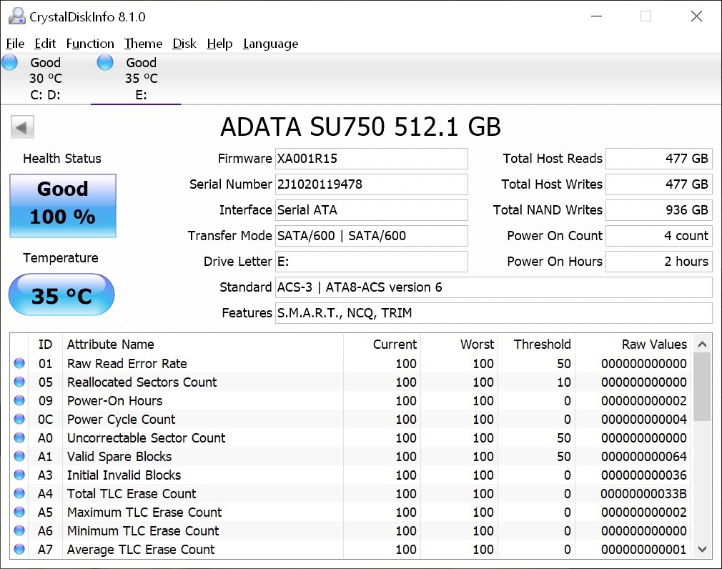 Info ADATA Ultimate SU750 512 GB